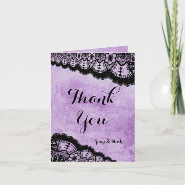 Gothic Purple Grunge Black Lace Wedding Thank You Card (Front)