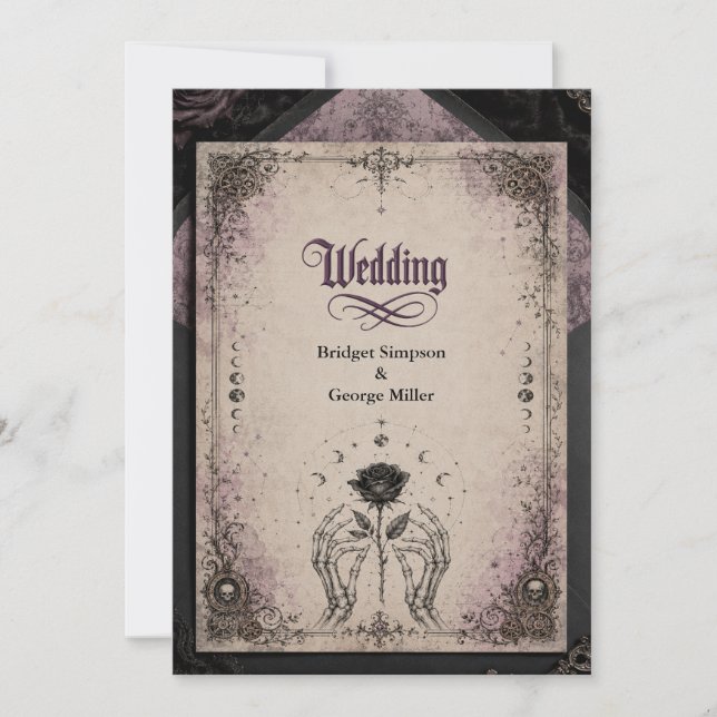 Gothic Purple Mediaeval Rose Skull Moon Wedding Invitation (Front)
