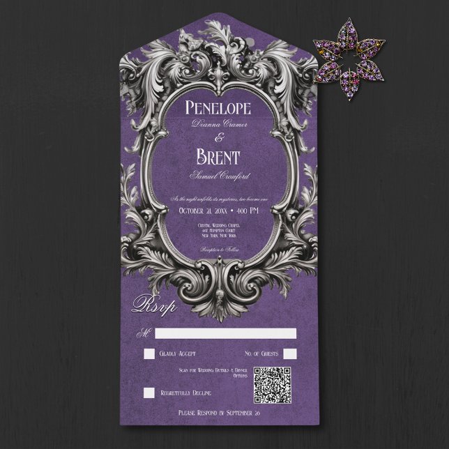 Gothic Purple Moody Victorian Frame QR Code All In One Invitation (Gothic Purple Moody Victorian Frame QR Code All In One Wedding Invitation)