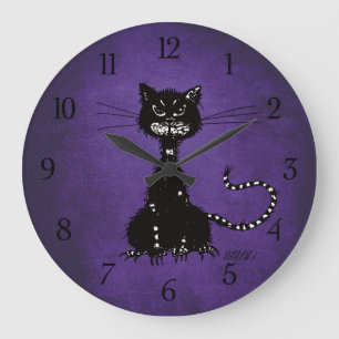 Gothic Purple Ragged Evil Black Cat Large Clock