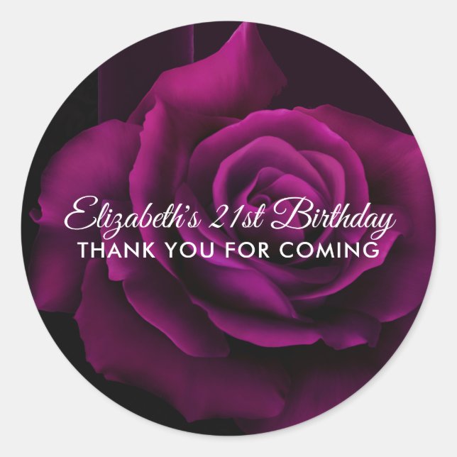 Gothic Purple-Red Rose Birthday Thank You Classic Round Sticker (Front)