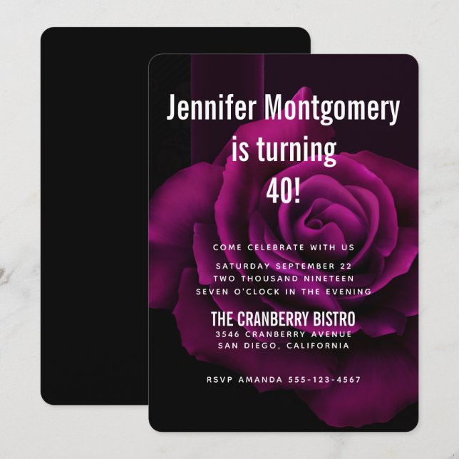 Gothic Purple-Red Rose Flower Birthday Invitation (Front/Back)