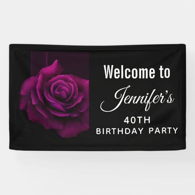 Gothic Purple-Red Rose Flower Birthday Welcome Banner (Horizontal)