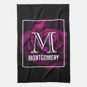 Gothic Purple-Red Rose Flower Monogram Tea Towel