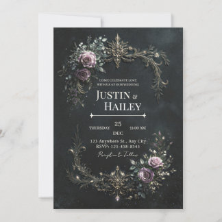Gothic Purple Rose Gold Filigree Wedding Invitation