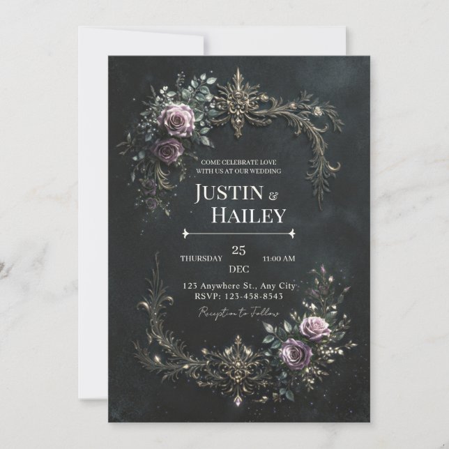 Gothic Purple Rose Gold Filigree Wedding Invitation (Front)