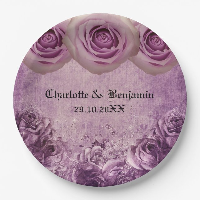 Gothic Purple Rose Wedding  Paper Plate (Front)