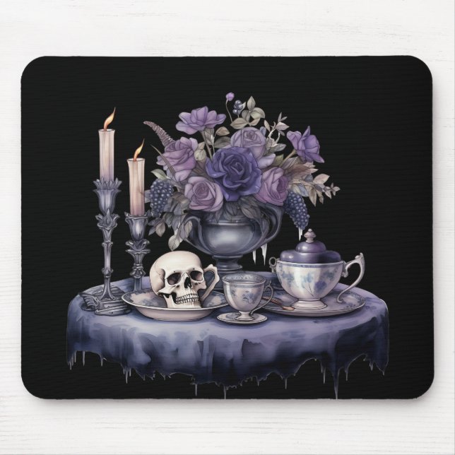 GOTHIC PURPLE TEA SERVICE WITH VASE OF FLOWERS MOUSE MAT (Front)