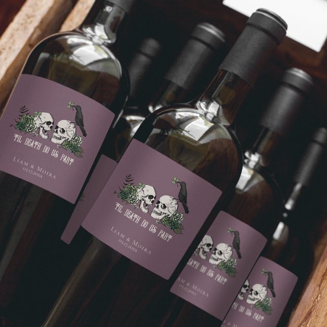 Gothic Purple Til Death Irish Green Floral Skull Wine Label (Elegant Purple Gothic Til Death Do Us Part Hand-Drawn Floral Skull, Green Roses, Shamrock, Clover...)