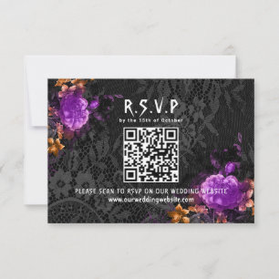 Gothic QR Code Purple Floral Halloween Wedding RSVP Card