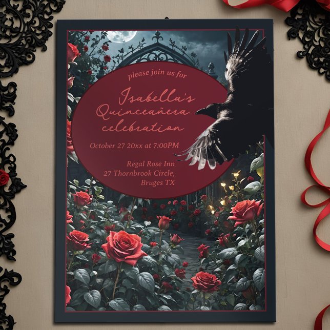 Gothic Quinceanera Dark Red Rose Garden & Raven Invitation (Gothic quinceanera dark romance birthday invitation with  full moon, red rose garden and black raven)