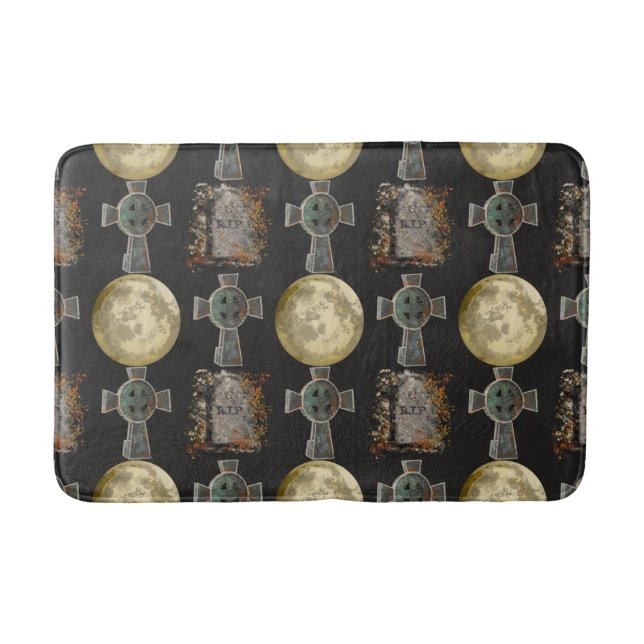 Gothic R.I.P. Headstone Celtic Cross Full Moon Art Bath Mat (Front)