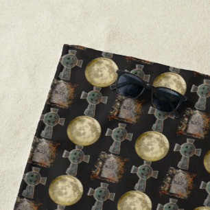 Gothic R.I.P. Headstone Celtic Cross Full Moon Art Beach Towel