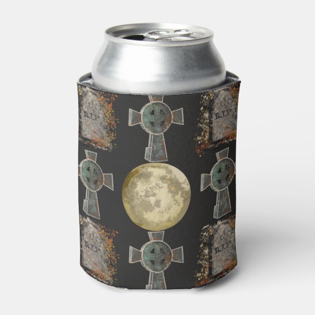 Gothic R.I.P. Headstone Celtic Cross Full Moon Art Can Cooler (Can Front)