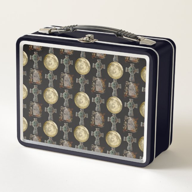 Gothic R.I.P. Headstone Celtic Cross Full Moon Art Metal Lunch Box (Front)
