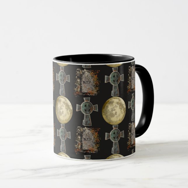 Gothic R.I.P. Headstone Celtic Cross Full Moon Art Mug (Front Right)