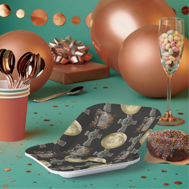 Gothic R.I.P. Headstone Celtic Cross Full Moon Art Paper Plate (Multi)