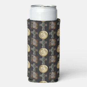 Gothic R.I.P. Headstone Celtic Cross Full Moon Art Seltzer Can Cooler