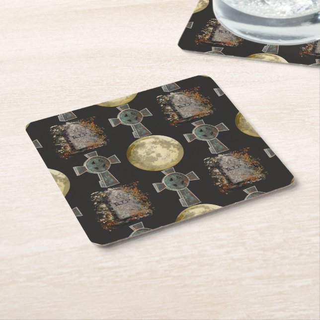 Gothic R.I.P. Headstone Celtic Cross Full Moon Art Square Paper Coaster (Angled)