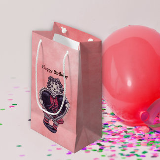 Gothic Rag Doll With Black Heart on Pink Birthday Small Gift Bag