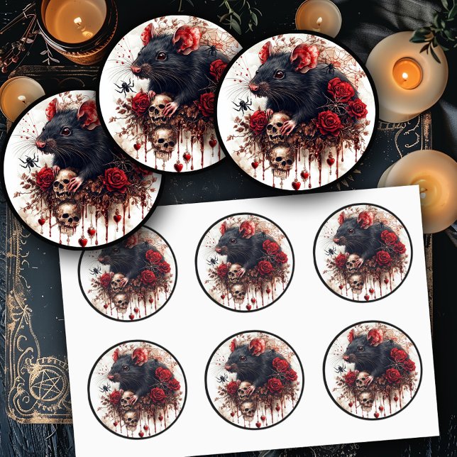 Gothic Rat with Roses and Black Outline Classic Round Sticker (Creator Uploaded)