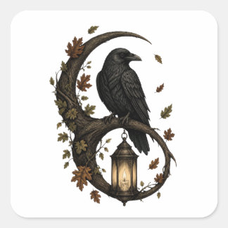 Gothic Raven and Candle Lantern – Dark Academia Ar Square Sticker