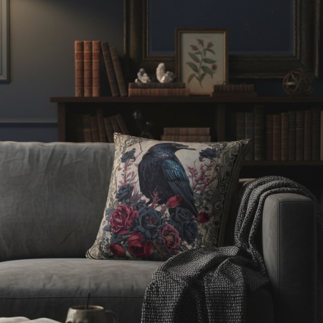 Gothic Raven and Roses Cushion (Gothic Raven with roses pillow)