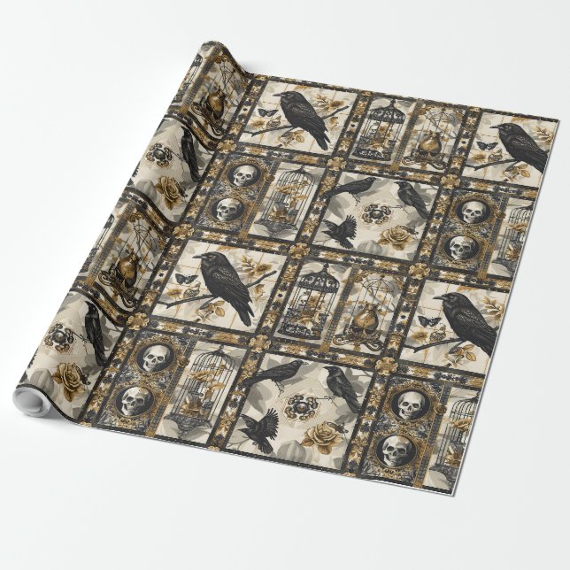 Gothic Raven and Skull Victorian Romance Print Wrapping Paper (Unrolled)