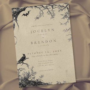 Gothic Raven Bat Tree Engraving Black Tan Wedding Invitation