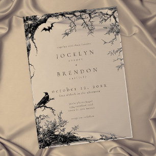 Gothic Raven Bat Tree Engraving Black Wedding Acrylic Invitations