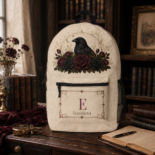 Gothic Raven Burgundy Roses Initial Dark Academia Printed Backpack