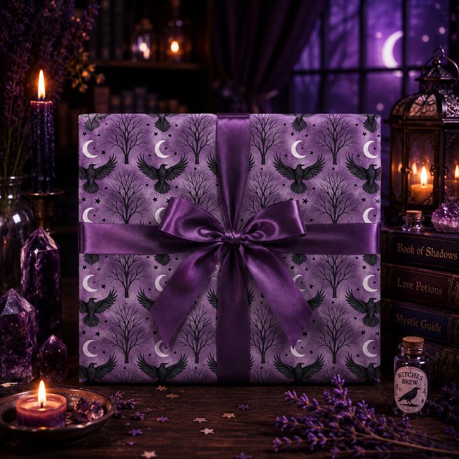 Gothic Raven Crescent Moon Purple Forest Wrapping Paper (Creator Uploaded)