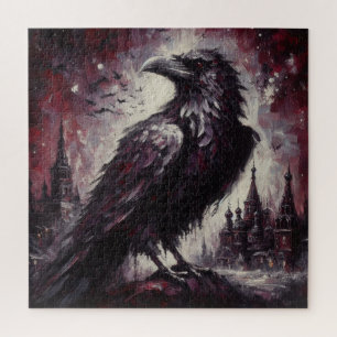 Gothic Raven Crow Bird Painting Black Red Art Jigsaw Puzzle