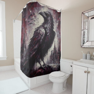 Gothic Raven Crow Bird Painting Black Red Art Shower Curtain