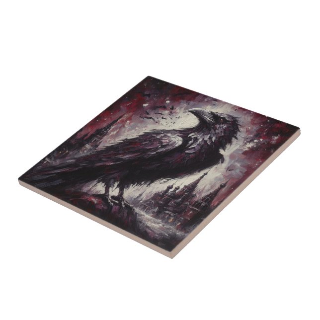 Gothic Raven Crow Bird Painting Black Red Art Tile (Side)