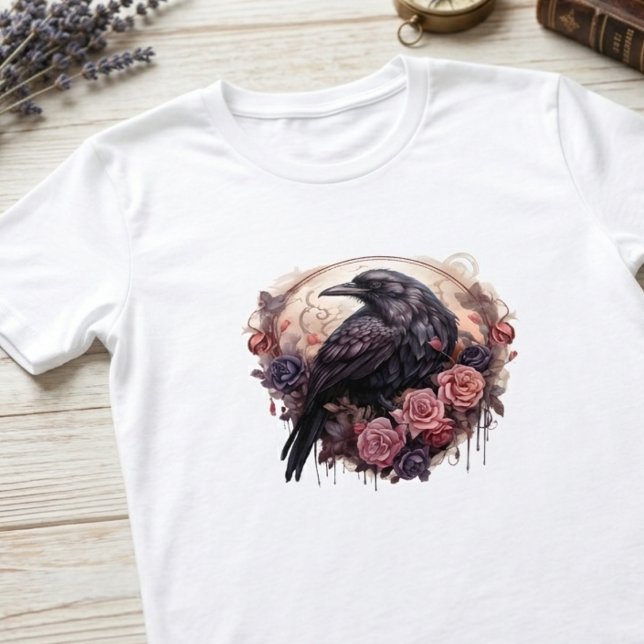Gothic Raven Dark Academia Graphic T-Shirt (Gothic raven and rose art tee for dark academia fans as a unique gift.)