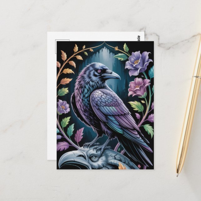 Gothic Raven Dark Academia Mystical Postcard (Front/Back In Situ)