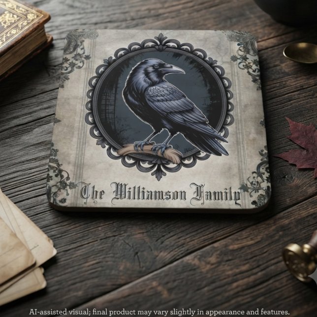 Gothic Raven Dark Academia Vintage Style Coaster (Vintage gothic raven home decor for the dark academia fan — perfect birthday gift idea.)
