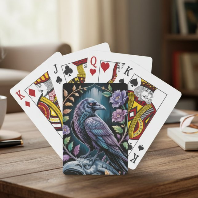 Gothic Raven Floral Dark Academia Style Playing Cards (Floral black raven playing cards)
