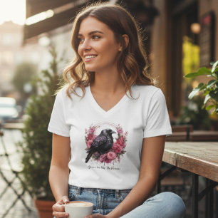 Gothic Raven Floral Dark Academia V-Neck T-Shirt