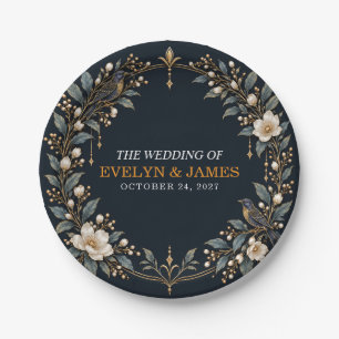 Gothic Raven Floral Navy Gold Wedding Paper Plate