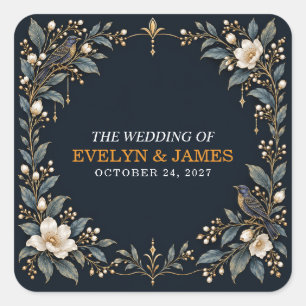 Gothic Raven Floral Navy Gold Wedding Square Sticker