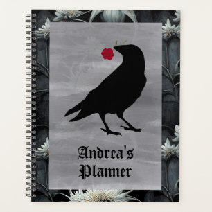 Gothic raven holding red rose planner customizable