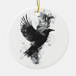 Gothic Raven Illustration: Smoke and Feathers Ceramic Tree Decoration