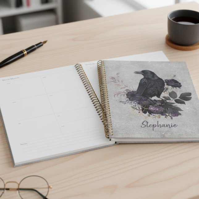 Gothic Raven & Midnight Blooms Planner (Floral black raven daily planner)