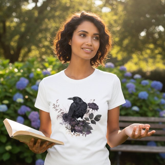 Gothic Raven & Midnight Blooms T-Shirt (Black raven floral tshirt)