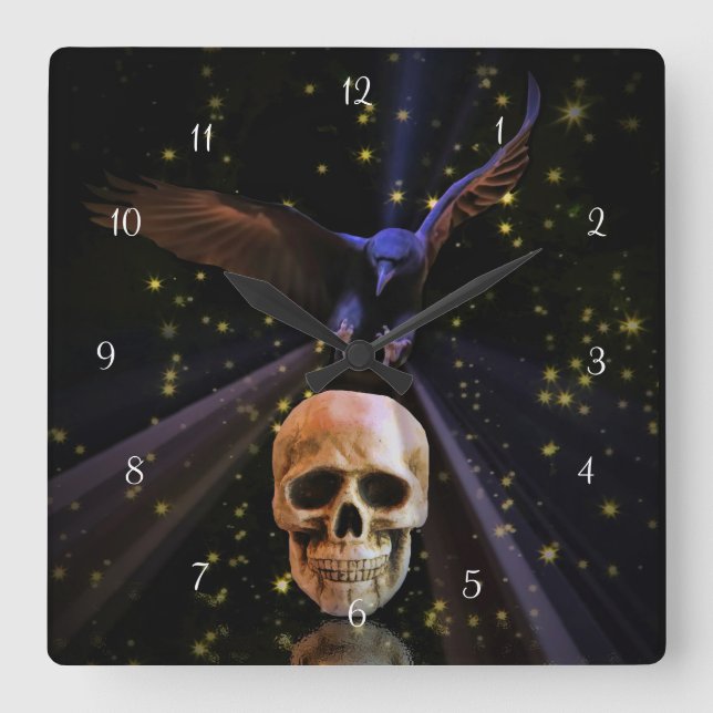 Gothic Raven or Crow and Skull  Square Wall Clock (Front)