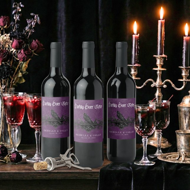 Gothic Raven Purple Darkly Ever After Wedding Wine Label (Creator Uploaded)
