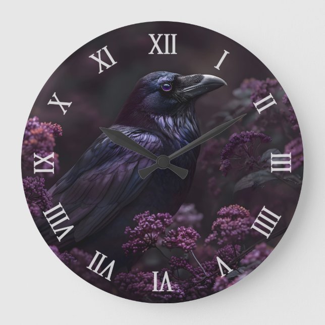 Gothic Raven Purple Flowers Large Clock (Front)