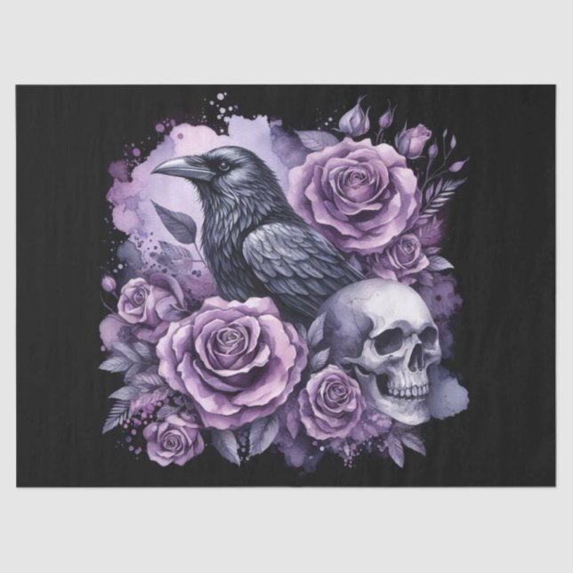 Gothic Raven Purple Roses Skull Decoupage Tissue Paper (Front)